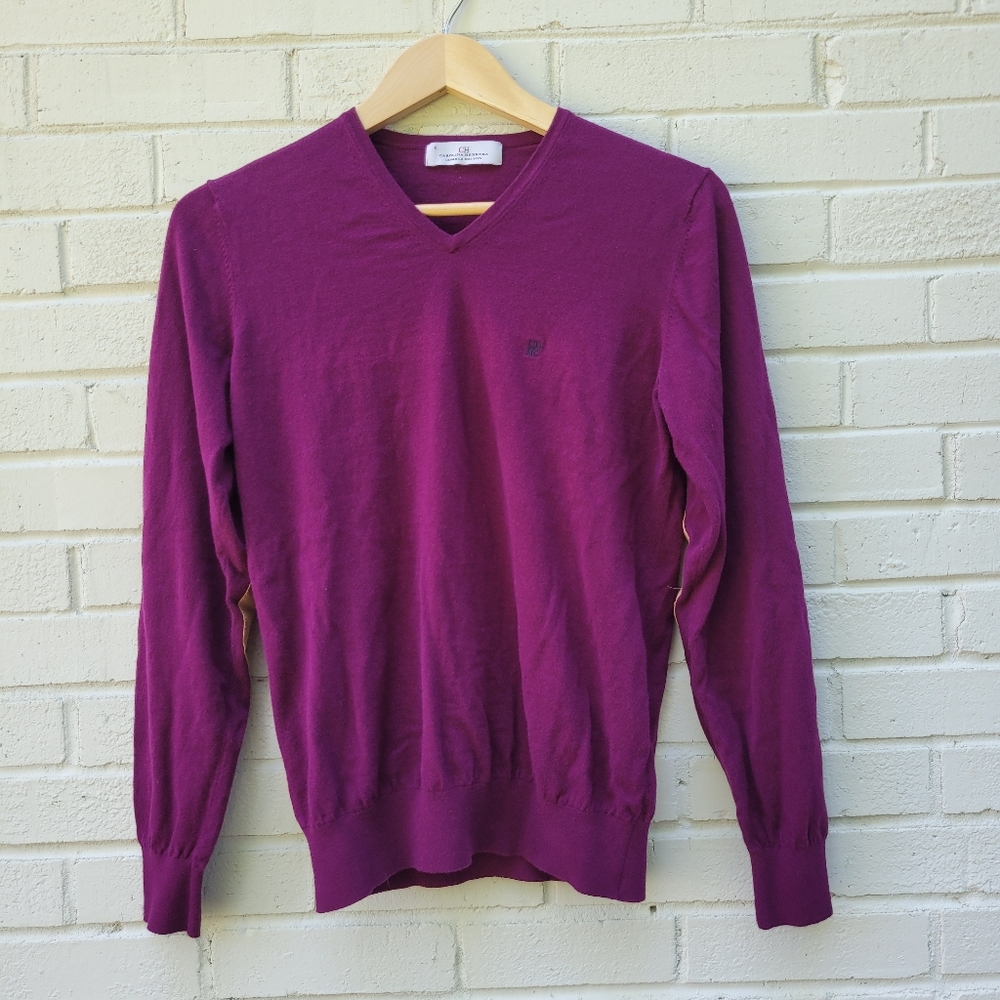 Carolina Herrera CH V-Neck Sweater Purple Cotton Leather Elbow Patches Small